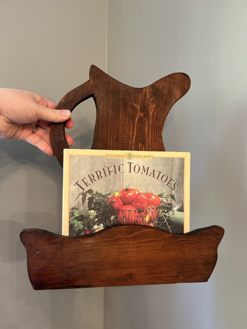 Vintage Handcrafted Wooden Pitcher Wall Pocket Cookbook Holder Display